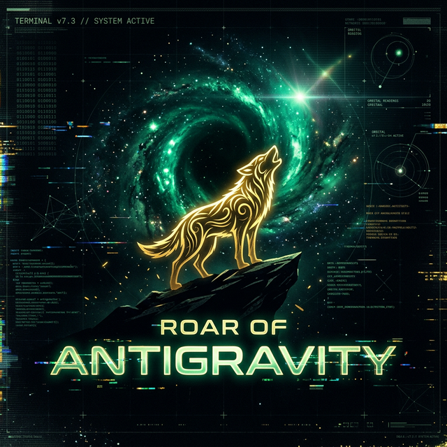 A golden wolf howling at the emerald void